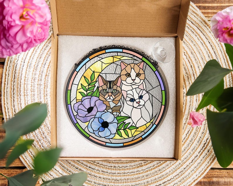 Custom Pet Portrait Stained Glass Suncatcher – Dog or Cat Memorial Gift