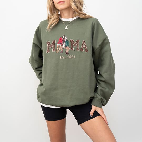 Personalized Embroidered Glitter Mom Sweatshirt Hoodie with Family Photo Mother's Day Gift for Mom Nana