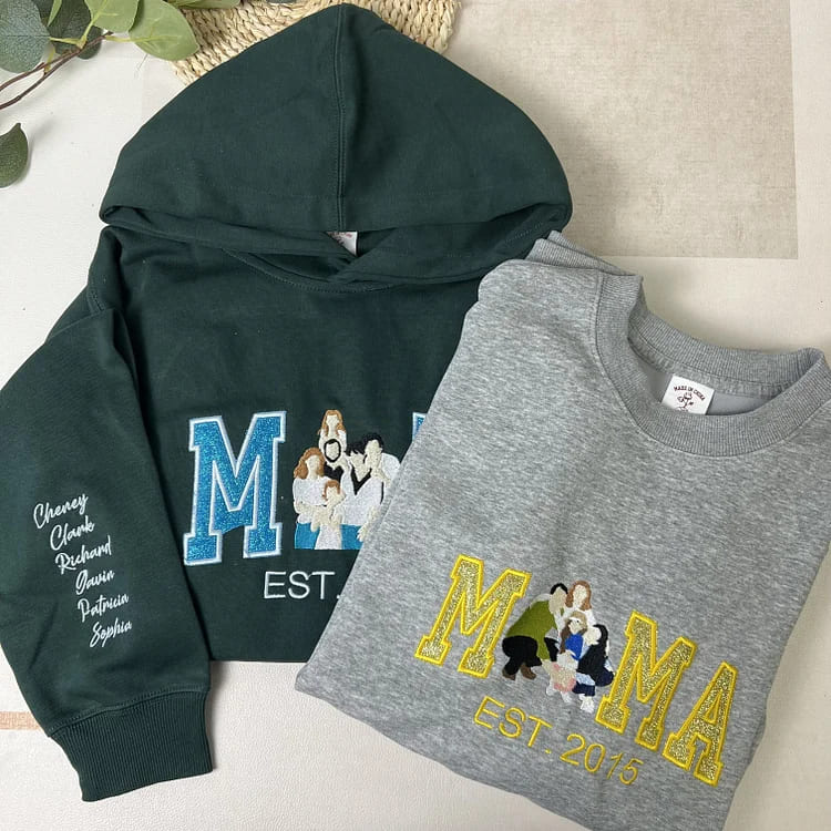 Personalized Embroidered Glitter Mom Sweatshirt Hoodie with Family Photo Mother's Day Gift for Mom Nana