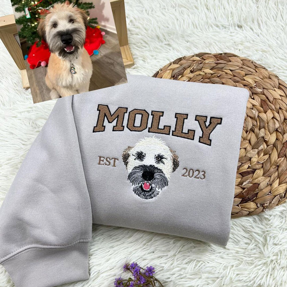 Embroidered Pet Portrait EST Sweatshirt Custom Puppy Face and Name Hoodie Pet Sympathy Dog Memorial Gifts for Dog Lovers