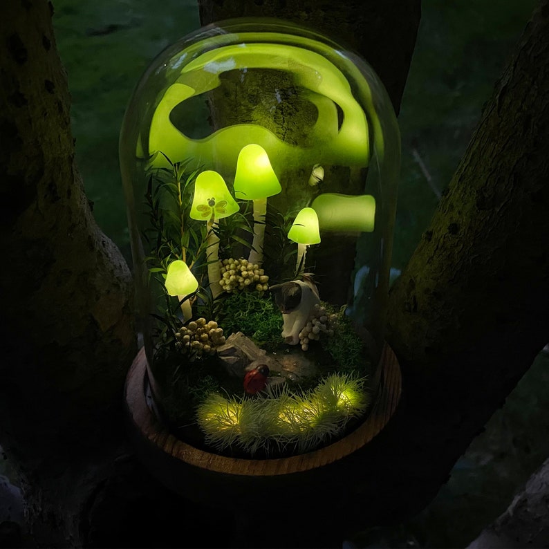 Personalized Cat and Green Mushroom Lamp Birthday Christmas Gift For Pet Lovers