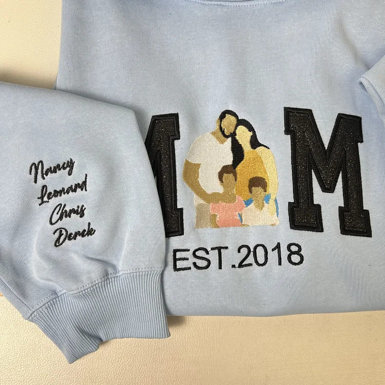 Personalized Embroidered Glitter Mom Sweatshirt Hoodie with Family Photo Mother's Day Gift for Mom Nana