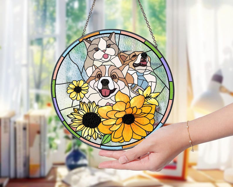 Custom Pet Portrait Stained Glass Suncatcher – Dog or Cat Memorial Gift