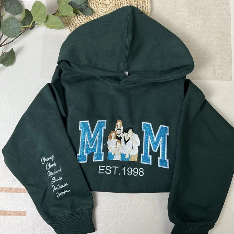 Personalized Embroidered Glitter Mom Sweatshirt Hoodie with Family Photo Mother's Day Gift for Mom Nana