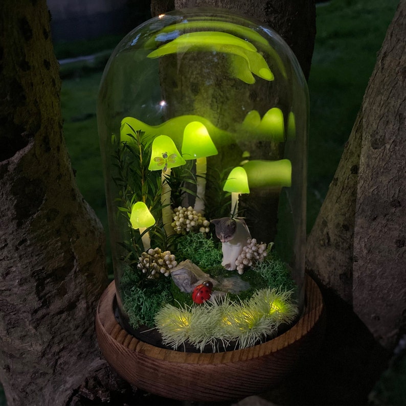 Personalized Cat and Green Mushroom Lamp Birthday Christmas Gift For Pet Lovers