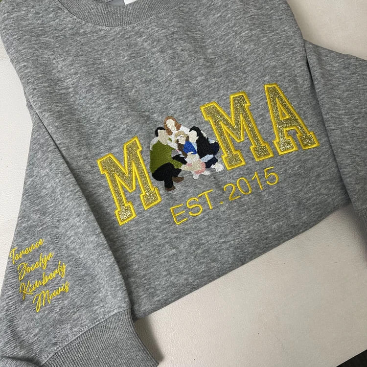Personalized Embroidered Glitter Mom Sweatshirt Hoodie with Family Photo Mother's Day Gift for Mom Nana