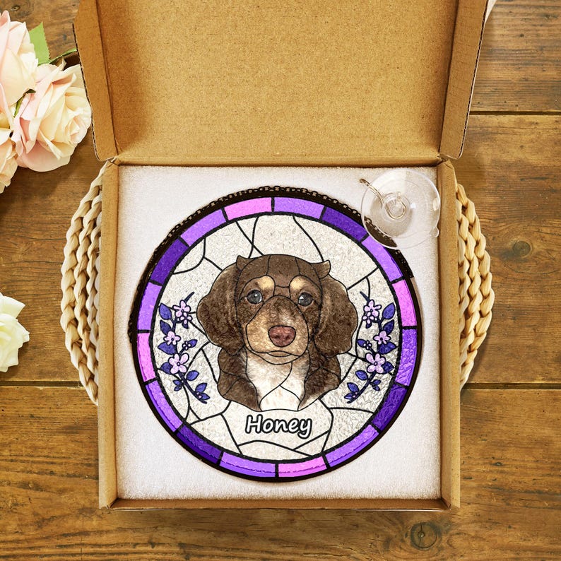 Custom Pet Portrait Stained Glass Suncatcher – Dog or Cat Memorial Gift