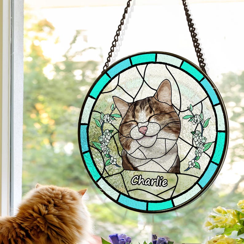 Custom Pet Portrait Stained Glass Suncatcher – Dog or Cat Memorial Gift