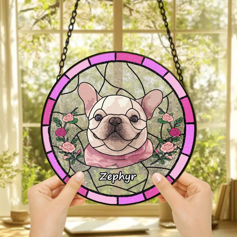 Custom Pet Portrait Stained Glass Suncatcher – Dog or Cat Memorial Gift
