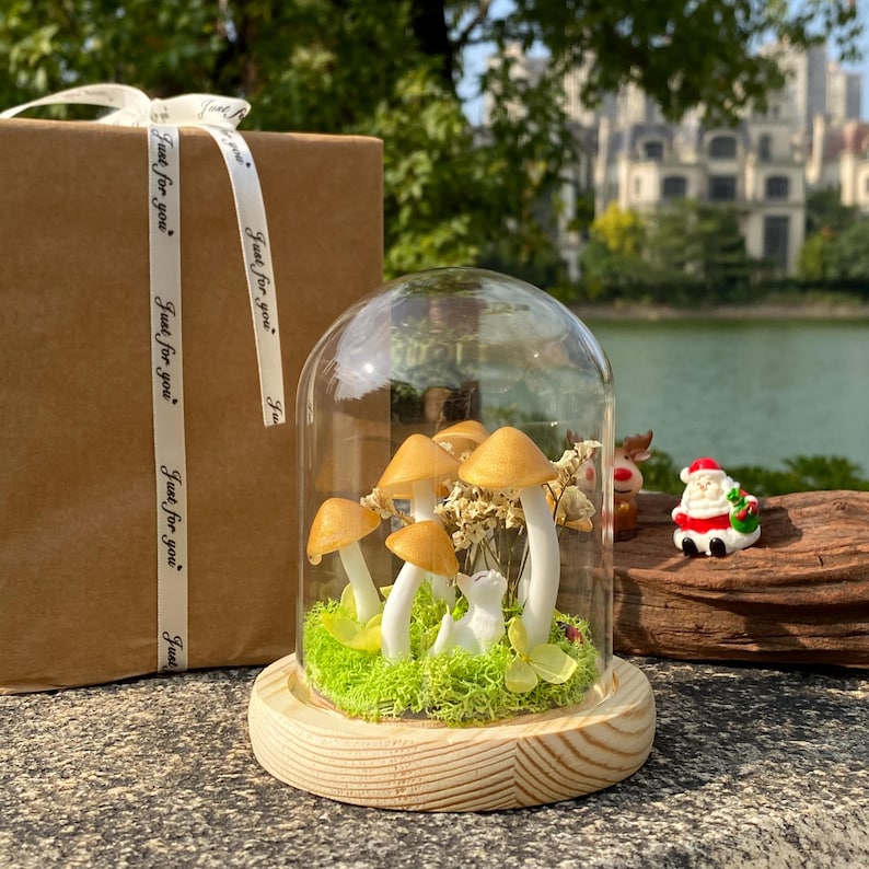 Handmade Gold Mushroom Night Light with Custom Pet Figure Birthday Christmas Gifts