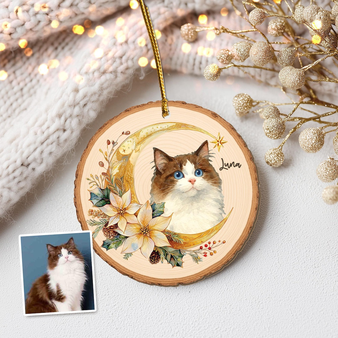 Personalized Watercolor Pet Portrait with Moon Wreath Wooden Christmas Ornament Christmas Gift for Dog Cat Lovers