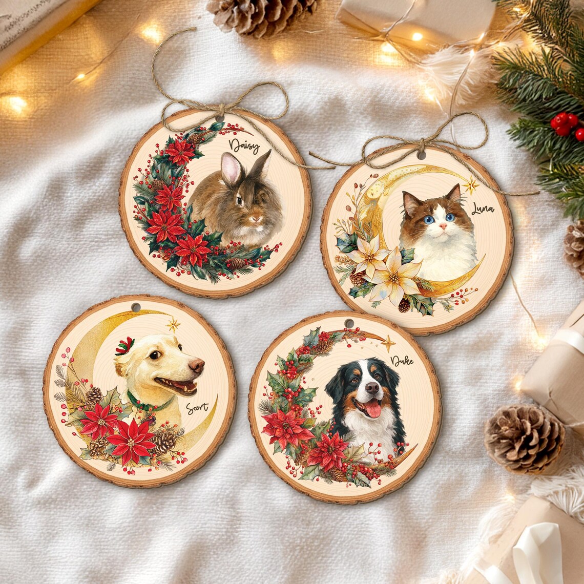 Personalized Watercolor Pet Portrait with Moon Wreath Wooden Christmas Ornament Christmas Gift for Dog Cat Lovers