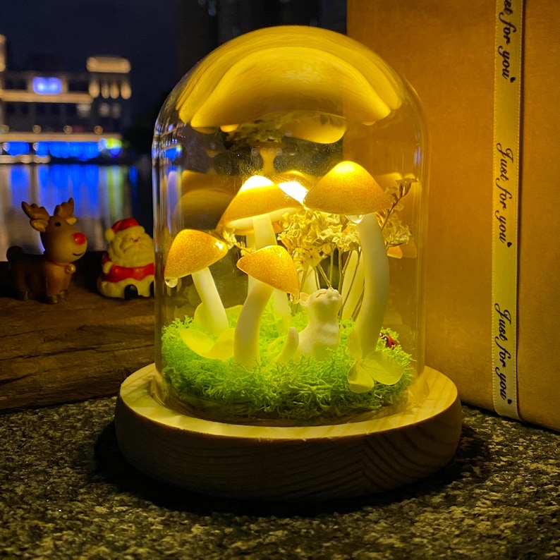 Handmade Gold Mushroom Night Light with Custom Pet Figure Birthday Christmas Gifts