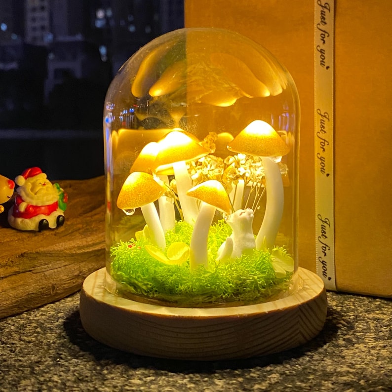 Handmade Gold Mushroom Night Light with Custom Pet Figure Birthday Christmas Gifts