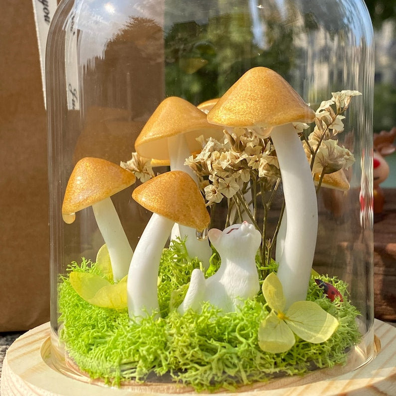 Handmade Gold Mushroom Night Light with Custom Pet Figure Birthday Christmas Gifts