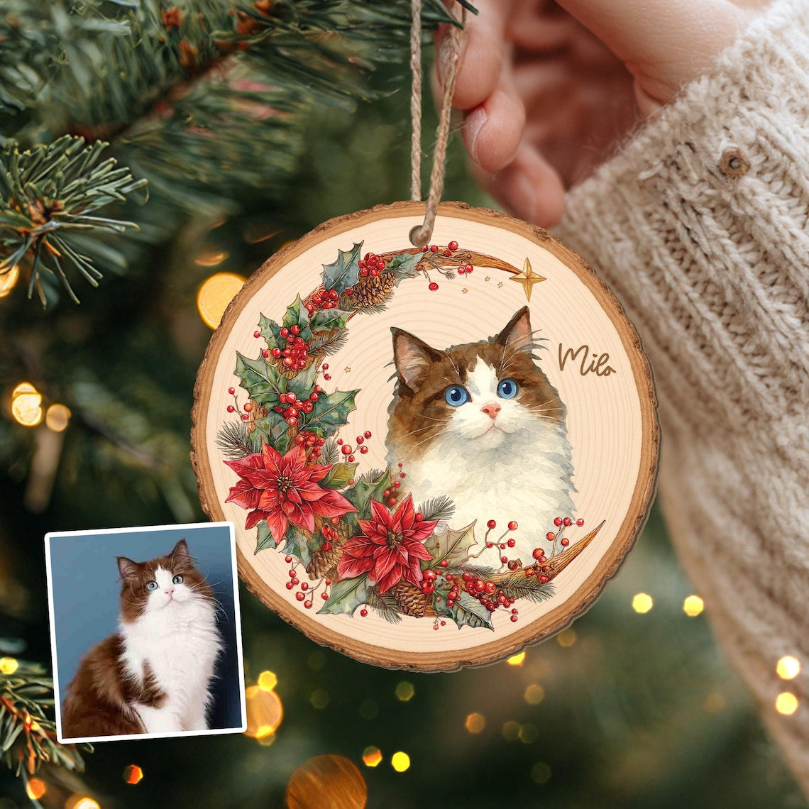 Personalized Watercolor Pet Portrait with Moon Wreath Wooden Christmas Ornament Christmas Gift for Dog Cat Lovers