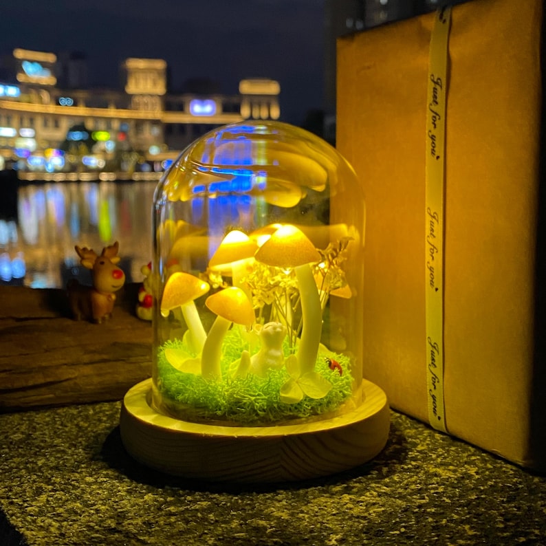 Handmade Gold Mushroom Night Light with Custom Pet Figure Birthday Christmas Gifts