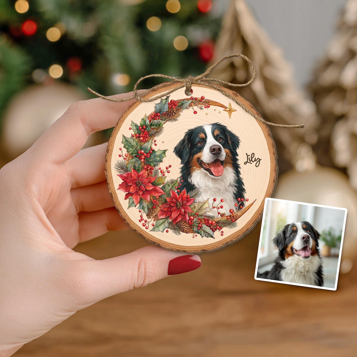 Personalized Watercolor Pet Portrait with Moon Wreath Wooden Christmas Ornament Christmas Gift for Dog Cat Lovers