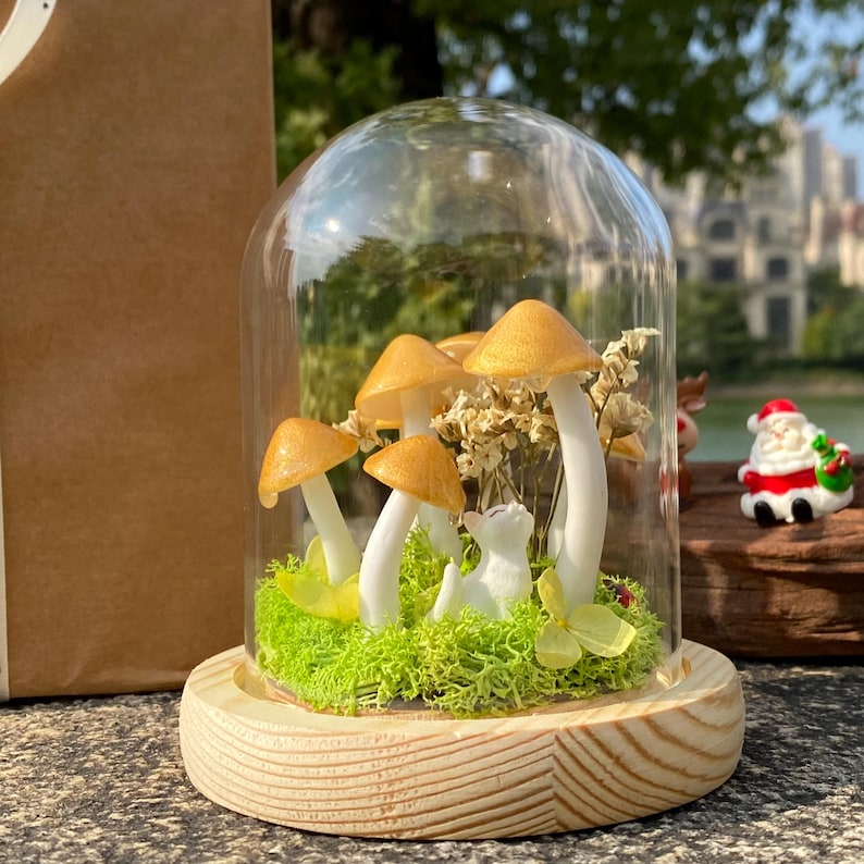 Handmade Gold Mushroom Night Light with Custom Pet Figure Birthday Christmas Gifts
