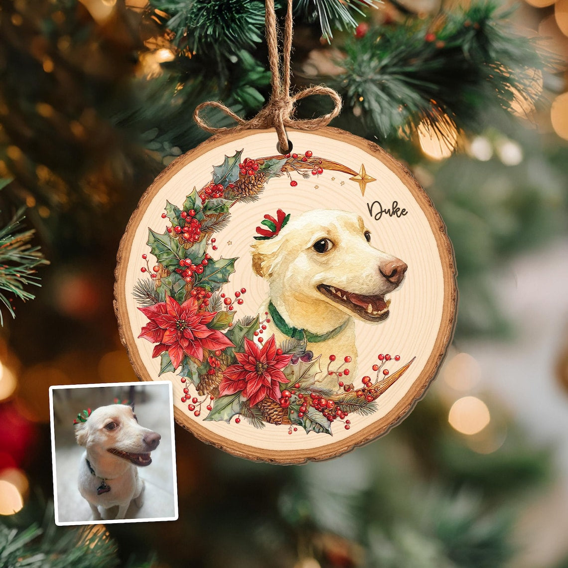Personalized Watercolor Pet Portrait with Moon Wreath Wooden Christmas Ornament Christmas Gift for Dog Cat Lovers