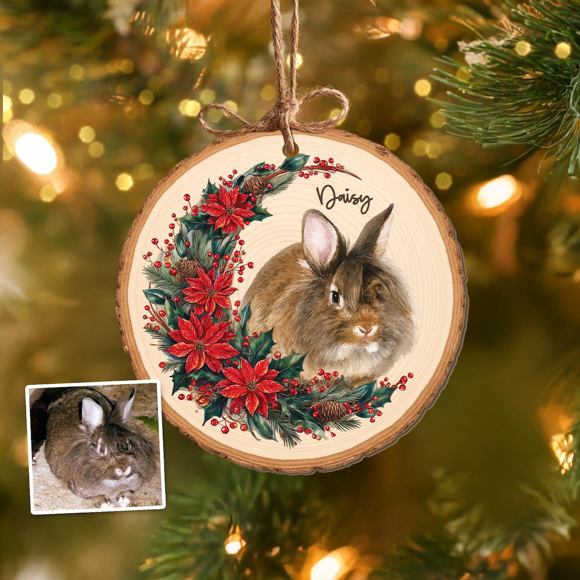 Personalized Watercolor Pet Portrait with Moon Wreath Wooden Christmas Ornament Christmas Gift for Dog Cat Lovers