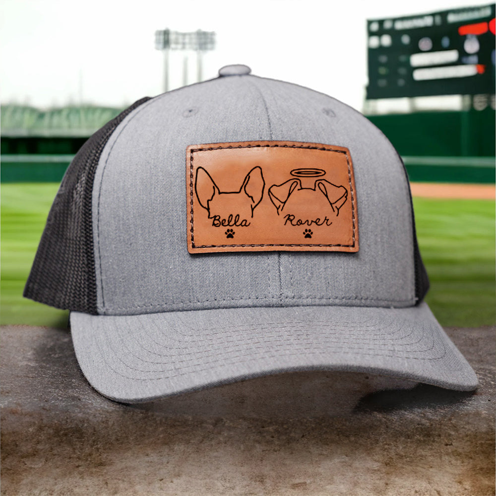 Personalized Pet Portrait Leather Patch Trucker Hat with Pet Ears and Name Keepsake Gift for Dog Cat Lovers