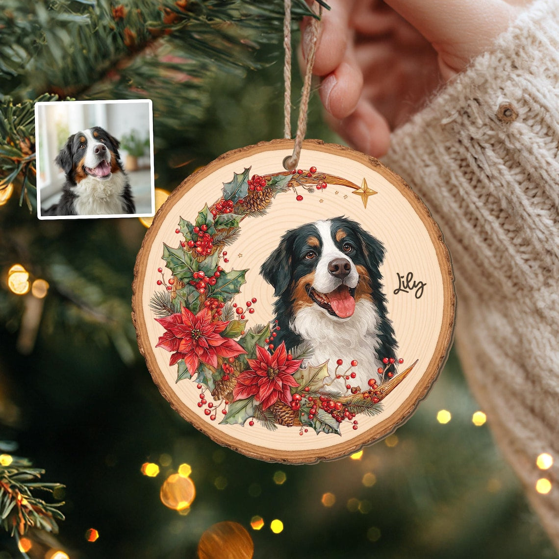 Personalized Watercolor Pet Portrait with Moon Wreath Wooden Christmas Ornament Christmas Gift for Dog Cat Lovers