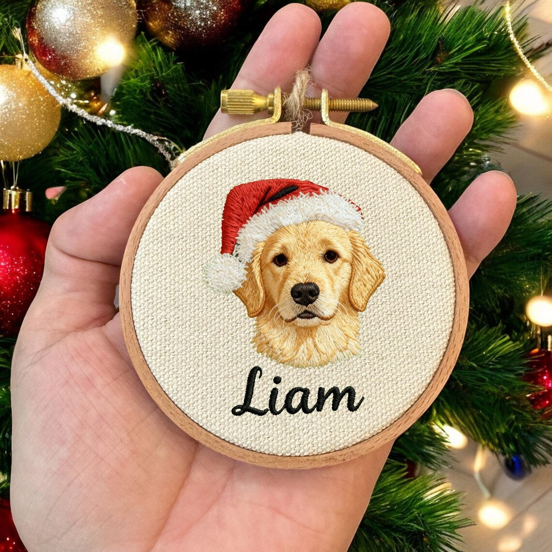 Custom Embroidered Pet Portrait with Santa Hat Christmas Ornament Gift For Dog Cat Owners Pet Lovers