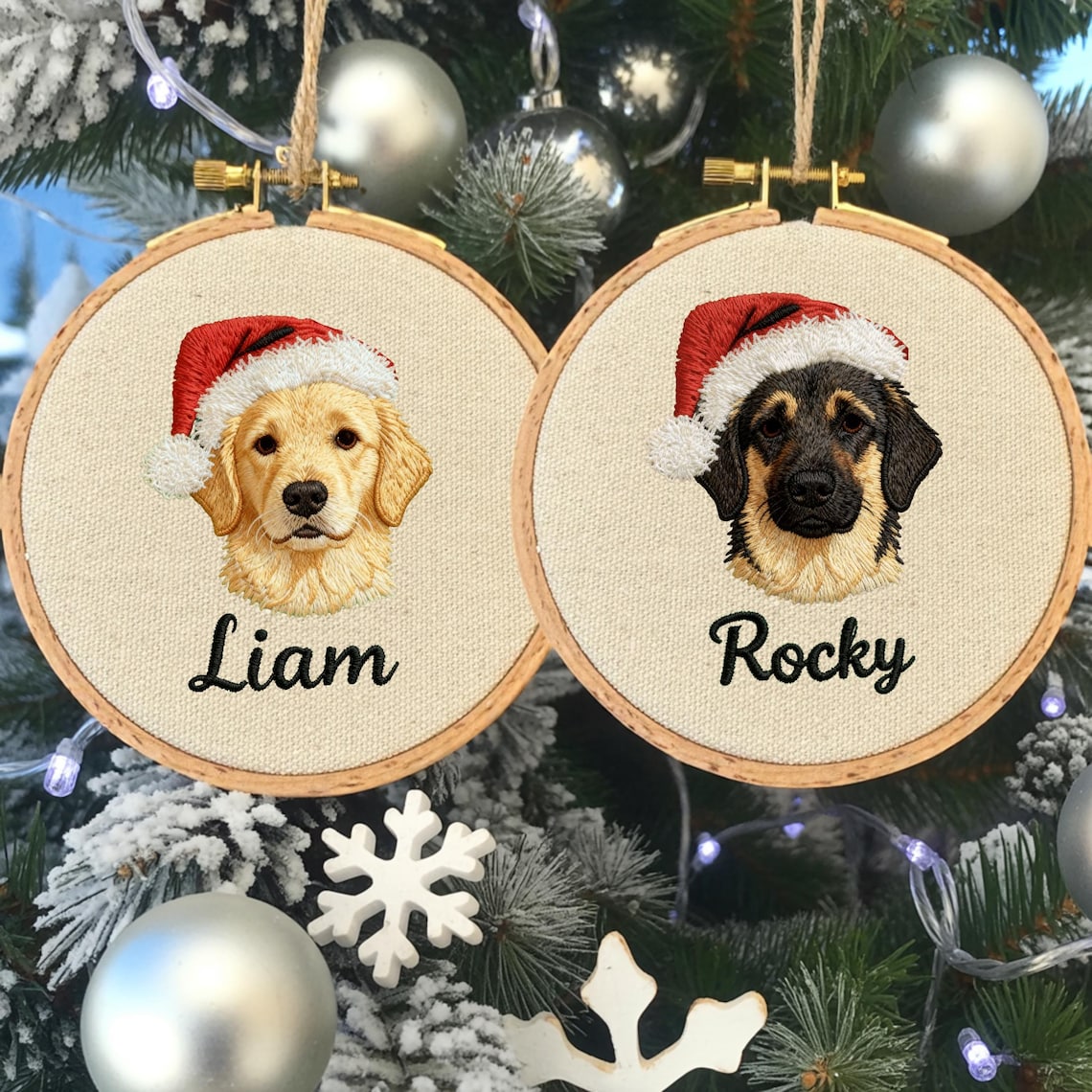 Custom Embroidered Pet Portrait with Santa Hat Christmas Ornament Gift For Dog Cat Owners Pet Lovers