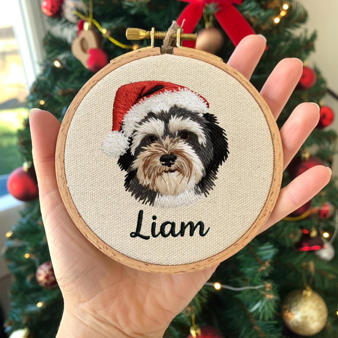 Custom Embroidered Pet Portrait with Santa Hat Christmas Ornament Gift For Dog Cat Owners Pet Lovers