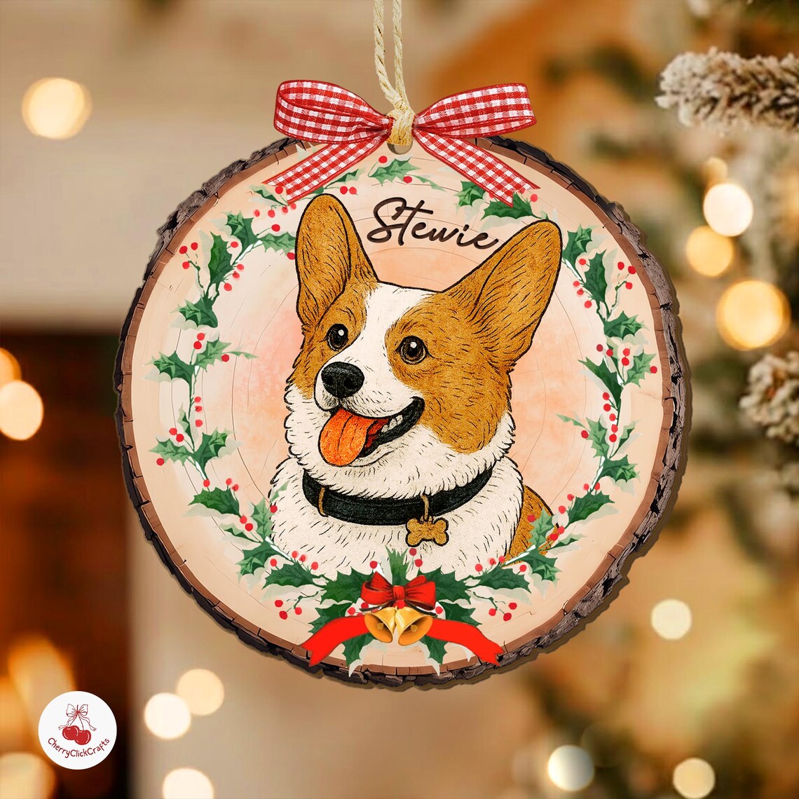 Personalized Watercolor Pet Portrait with Wreath Wooden Christmas Ornament Christmas Gift for Dog Cat Lovers