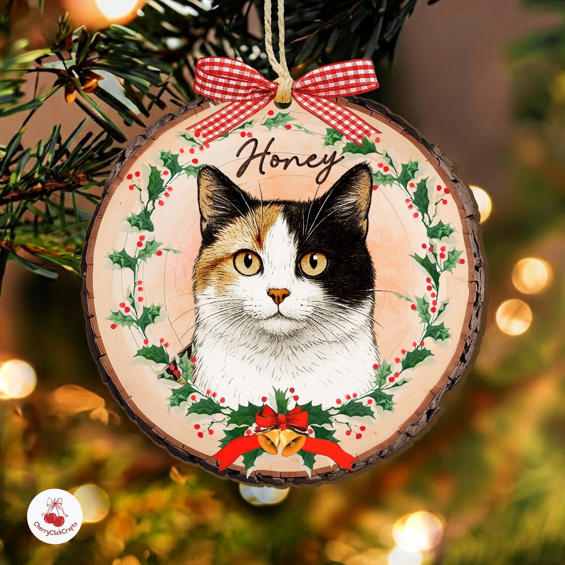 Personalized Watercolor Pet Portrait with Wreath Wooden Christmas Ornament Christmas Gift for Dog Cat Lovers