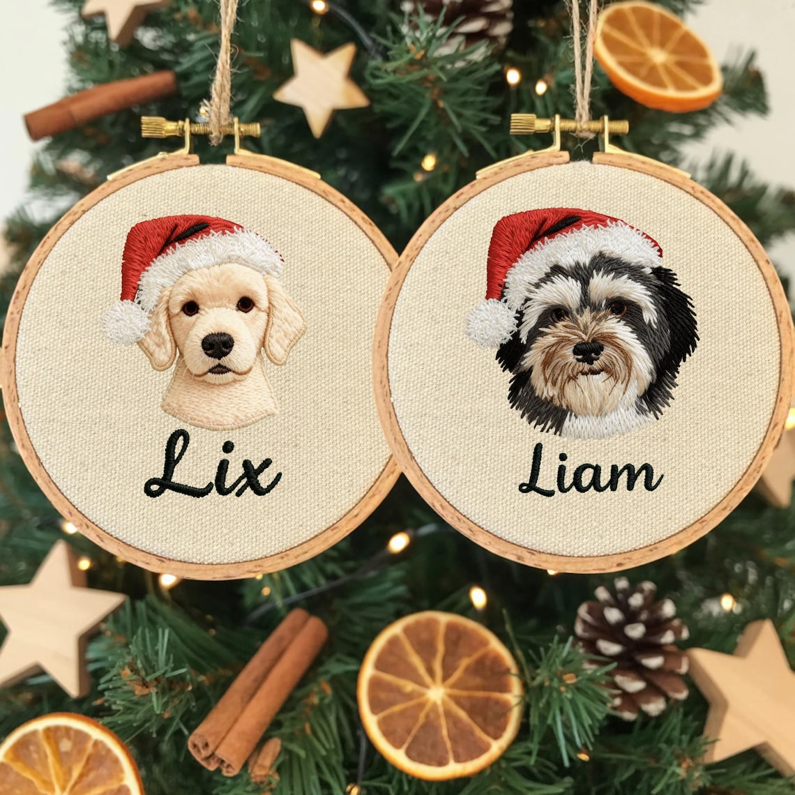 Custom Embroidered Pet Portrait with Santa Hat Christmas Ornament Gift For Dog Cat Owners Pet Lovers