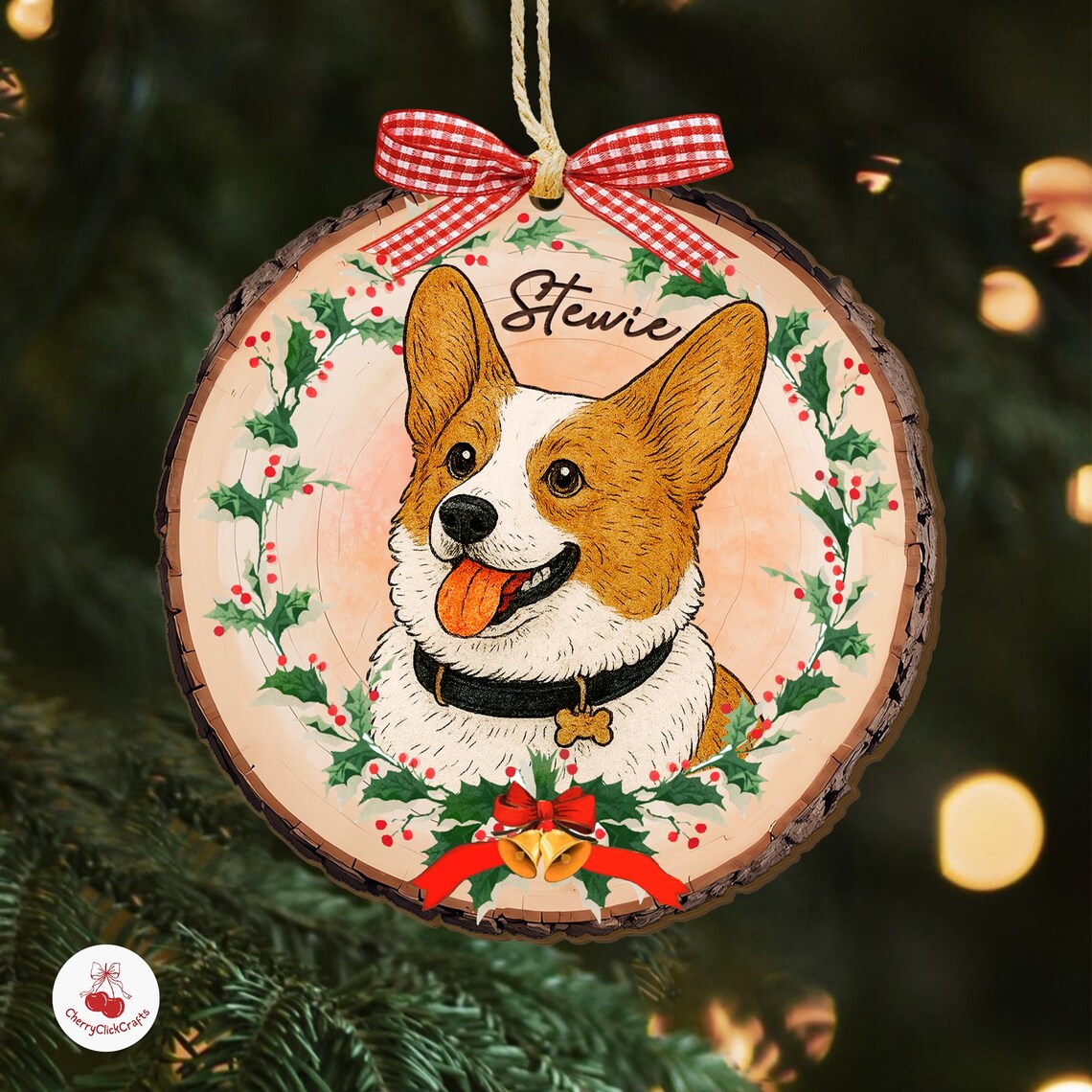 Personalized Watercolor Pet Portrait with Wreath Wooden Christmas Ornament Christmas Gift for Dog Cat Lovers