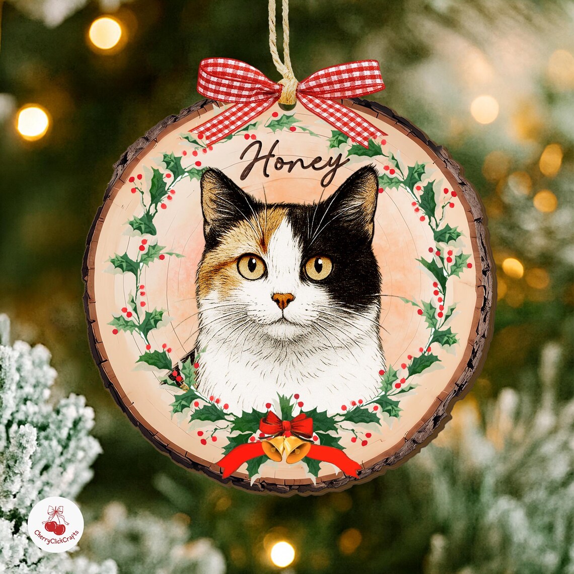 Personalized Watercolor Pet Portrait with Wreath Wooden Christmas Ornament Christmas Gift for Dog Cat Lovers