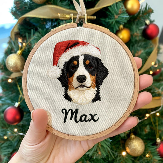 Custom Embroidered Pet Portrait with Santa Hat Christmas Ornament Gift For Dog Cat Owners Pet Lovers