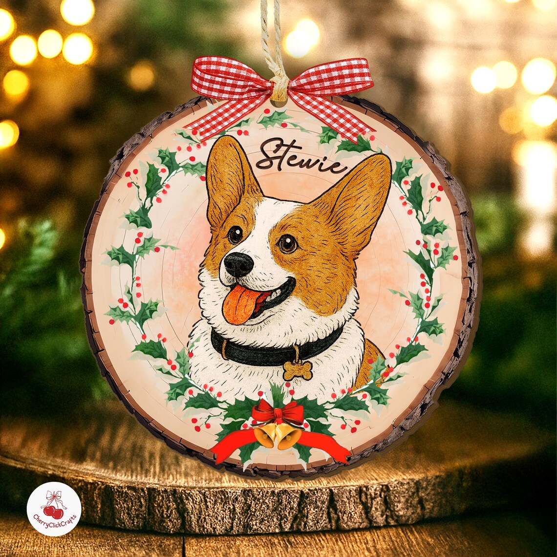 Personalized Watercolor Pet Portrait with Wreath Wooden Christmas Ornament Christmas Gift for Dog Cat Lovers