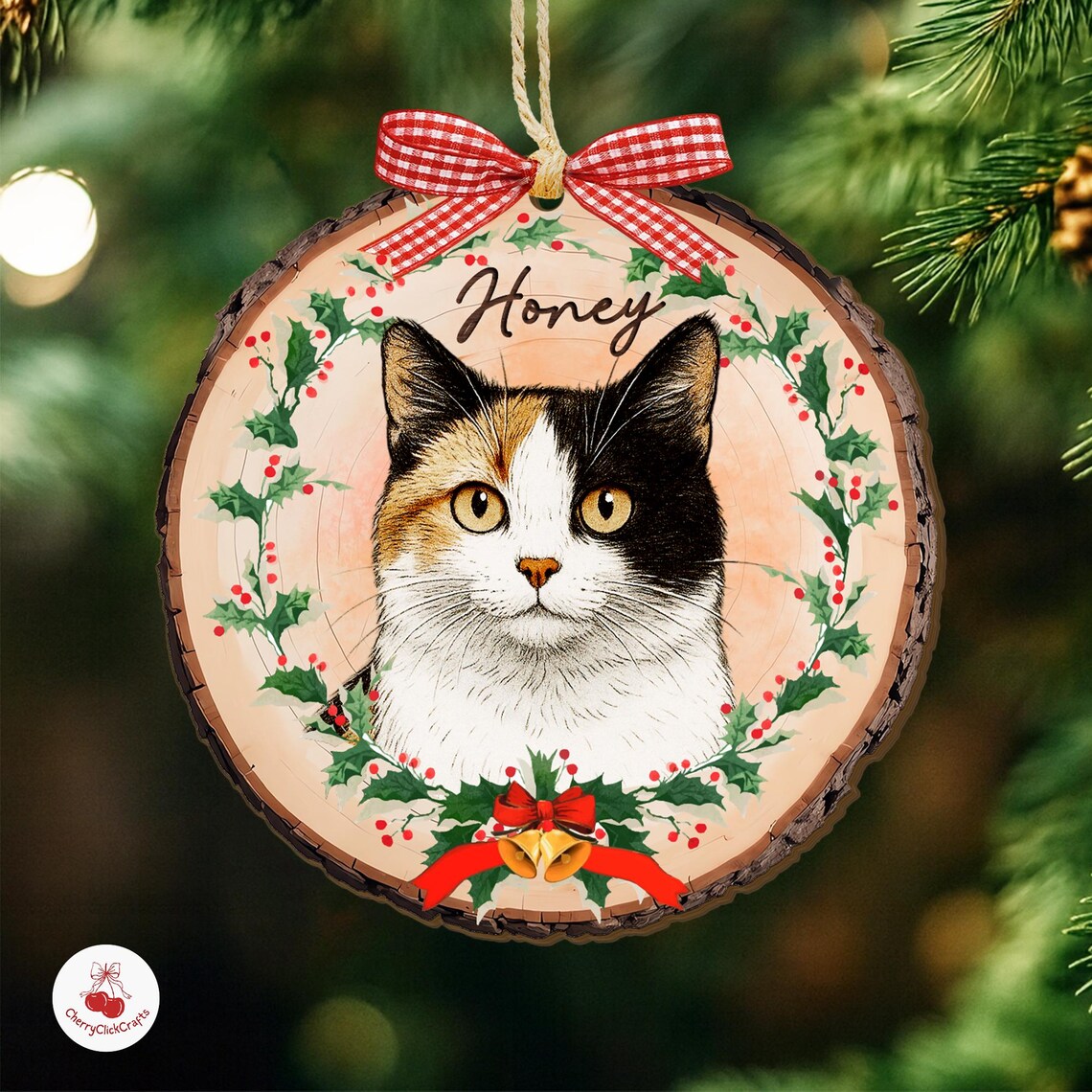 Personalized Watercolor Pet Portrait with Wreath Wooden Christmas Ornament Christmas Gift for Dog Cat Lovers
