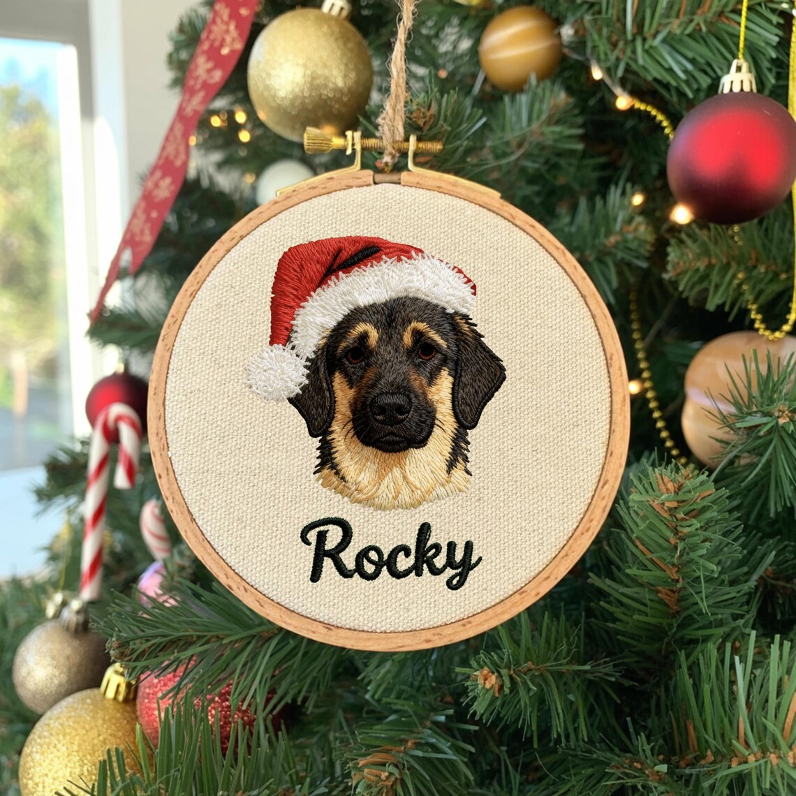 Custom Embroidered Pet Portrait with Santa Hat Christmas Ornament Gift For Dog Cat Owners Pet Lovers
