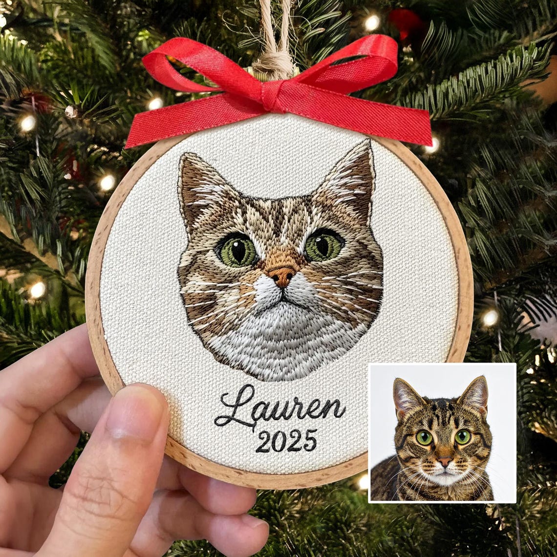 Custom Embroidered Pet Face Portrait Christmas Ornament Keepsake Gift For Dog Cat Owners Pet Lovers