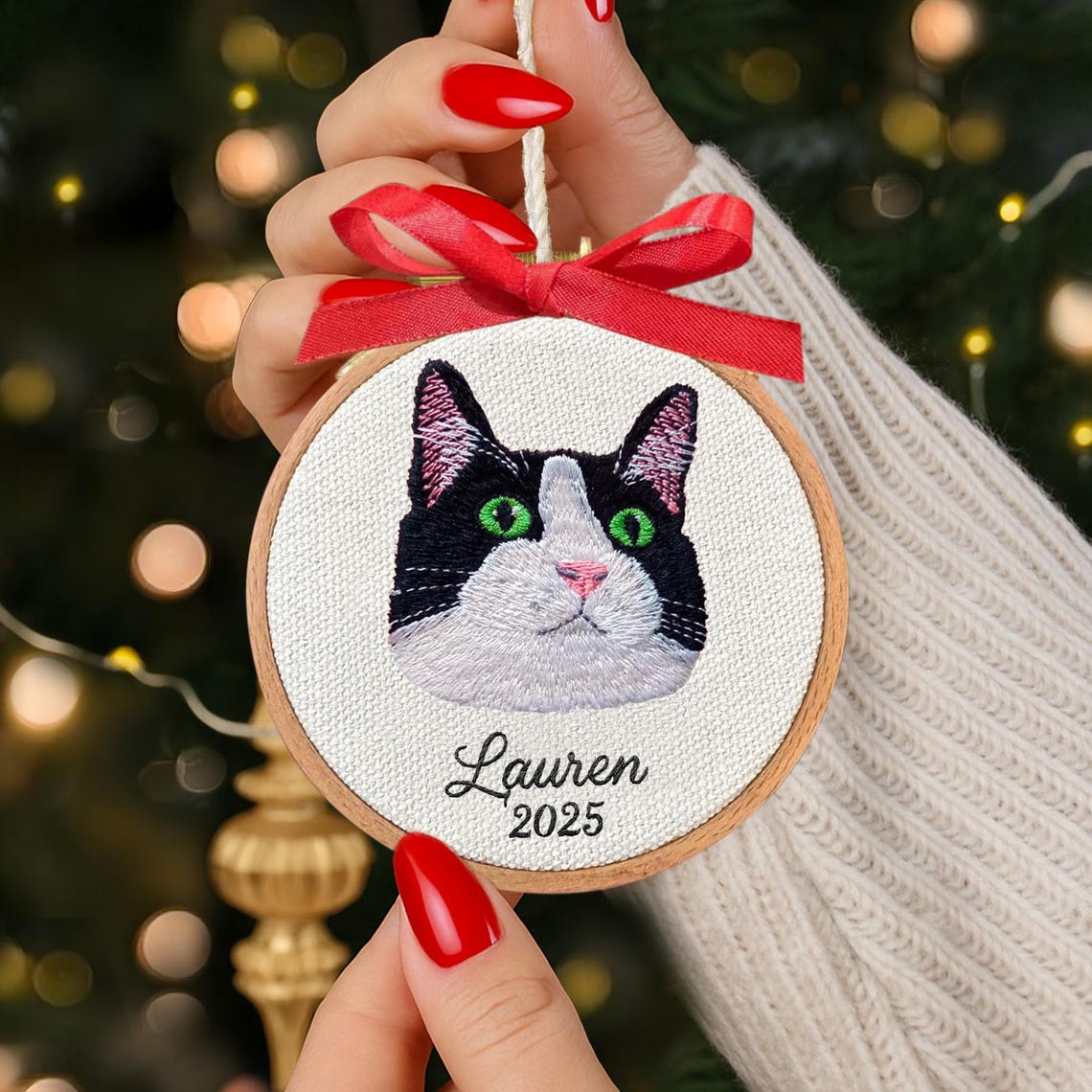 Custom Embroidered Pet Face Portrait Christmas Ornament Keepsake Gift For Dog Cat Owners Pet Lovers