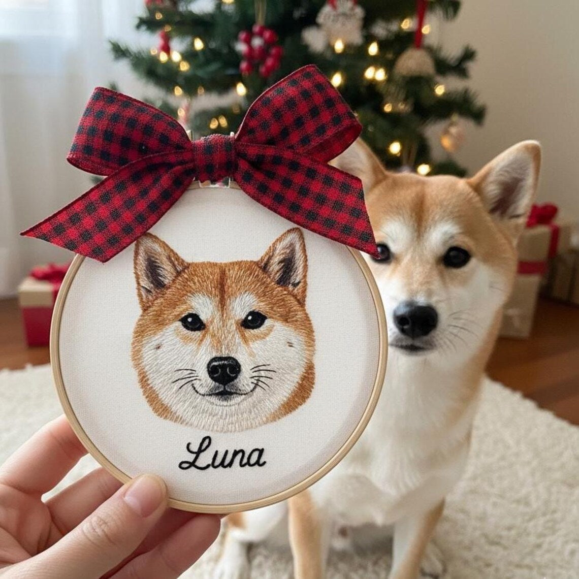 Custom Embroidered Pet Portrait Christmas Ornament Gift For Dog Cat Owners Pet Lovers