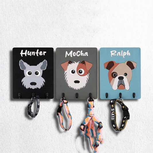 Custom Pet Portrait Leash Holder with Name for Wall Personalized Pet Leash Rack & Key Hook Unique Gift for Pet Lovers