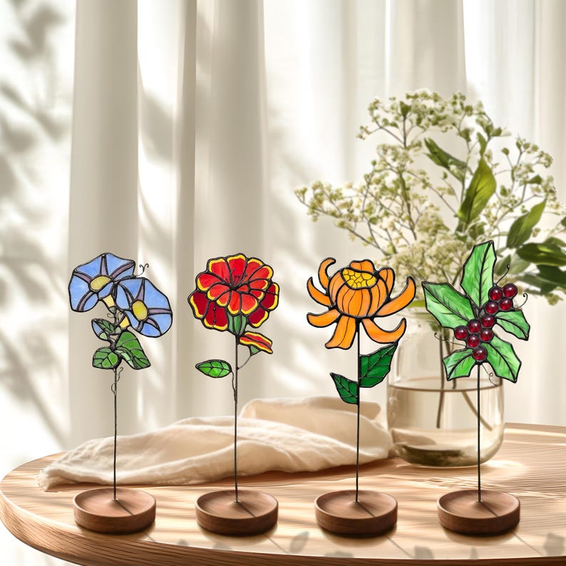 Personalized Stained Glass Birth Flower Suncatcher Unique Mother's Day Christmas Gift for Mom Grandma