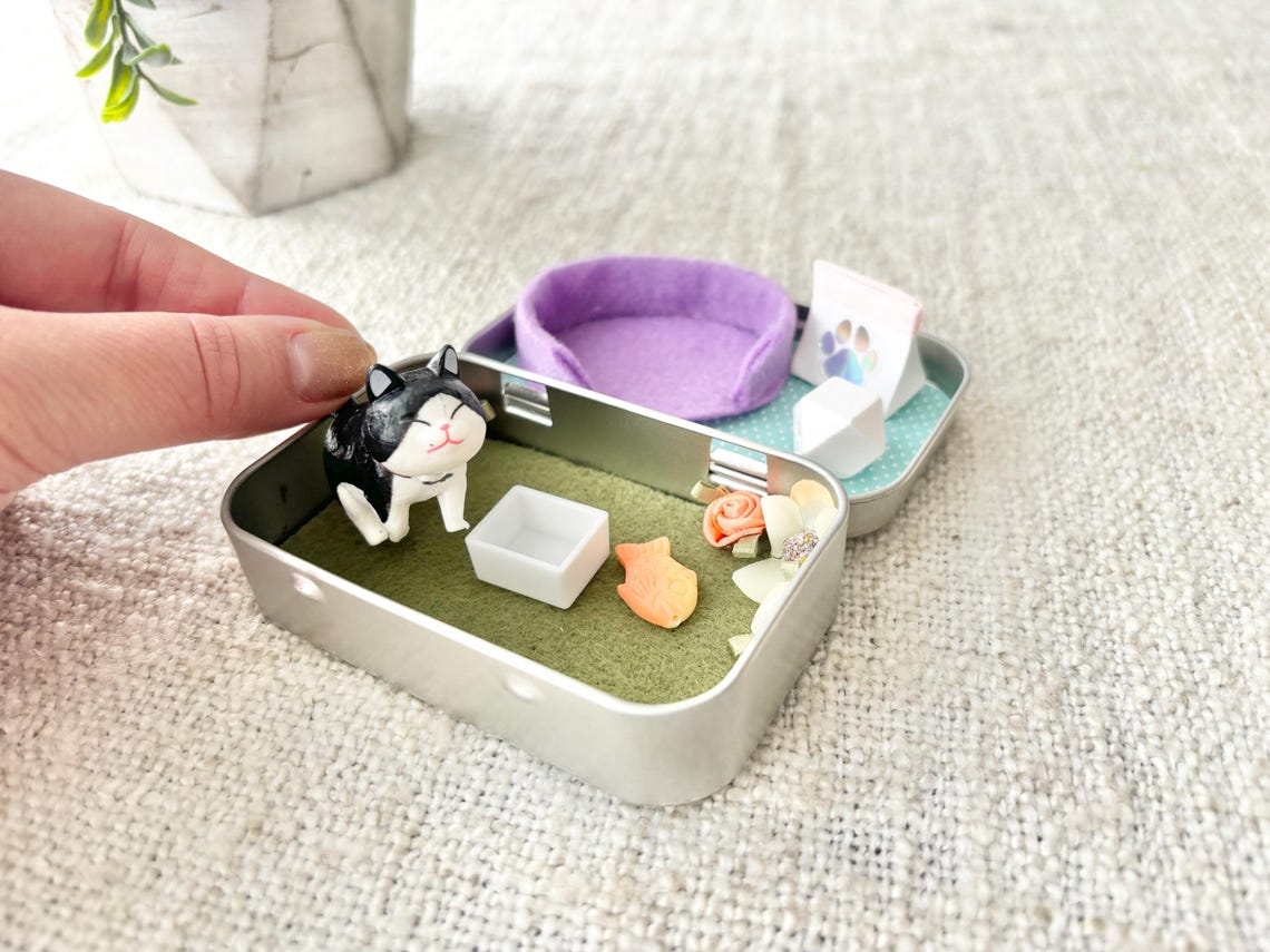 Pocket Pet Cat in a Tin – Mini Travel Toy Cat Playset Custom Pet Figurine Unique Gift for Pet Lovers