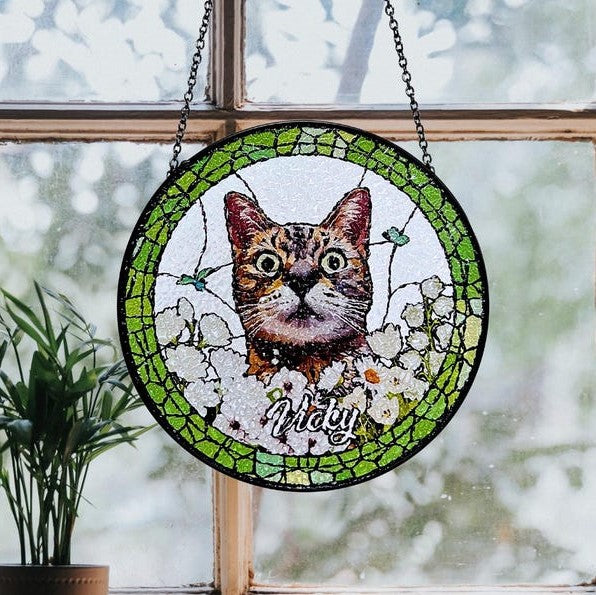 Personalized Pet Portrait Stained Glass Suncatcher Pet Keepsake Memorial Gift for Dog Cat Lover