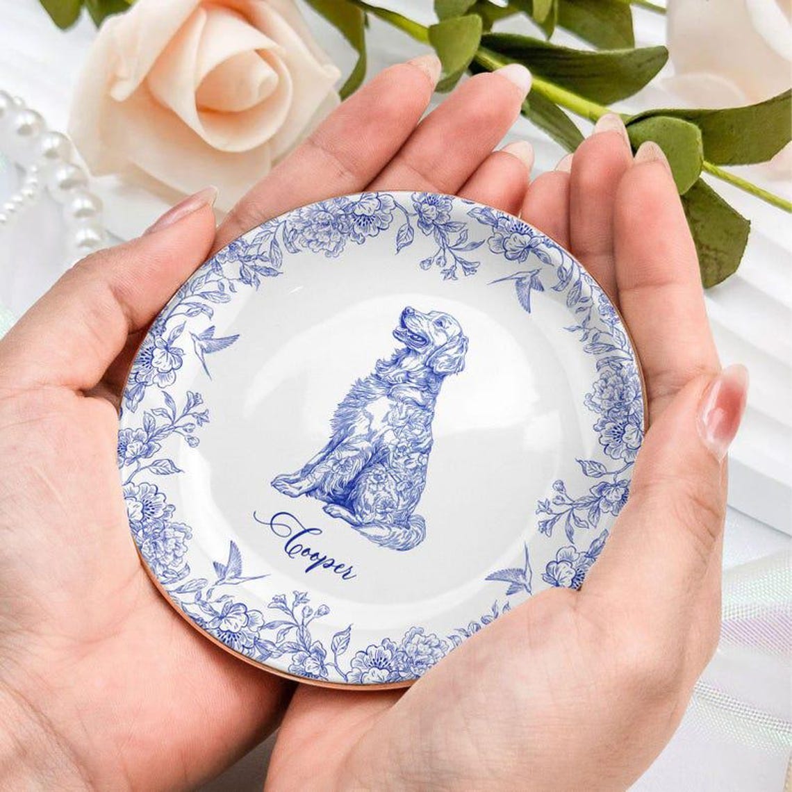 Custom Dog Portrait Jewelry Dish – Personalized Chinoiserie Toile Trinket Plate Custom Dog Ring Dish Gift for Dog Mom Dad