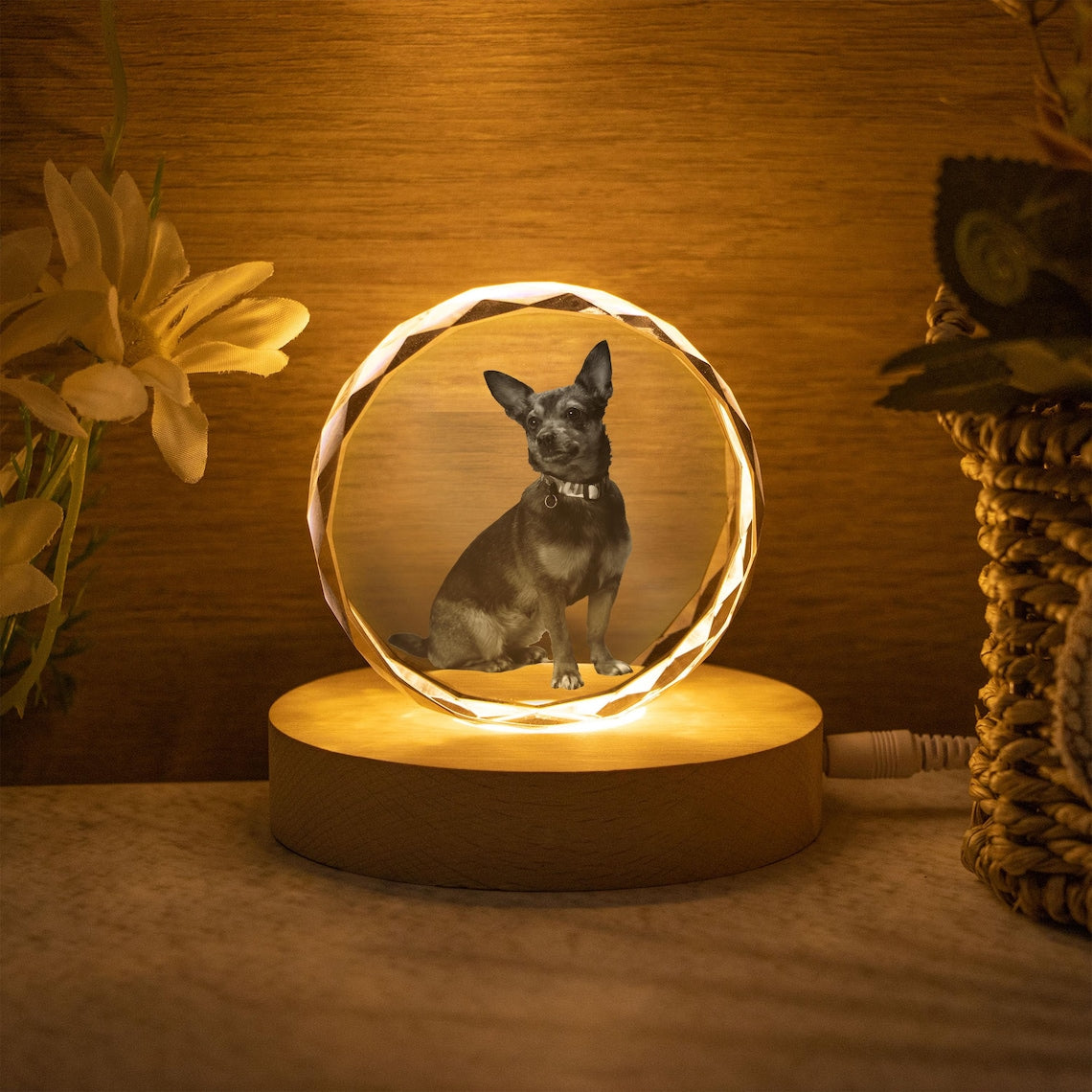 Veilleuse boule de cristal personnalisée avec photo d'animal de compagnie, cadeau commémoratif pour les amoureux des animaux 