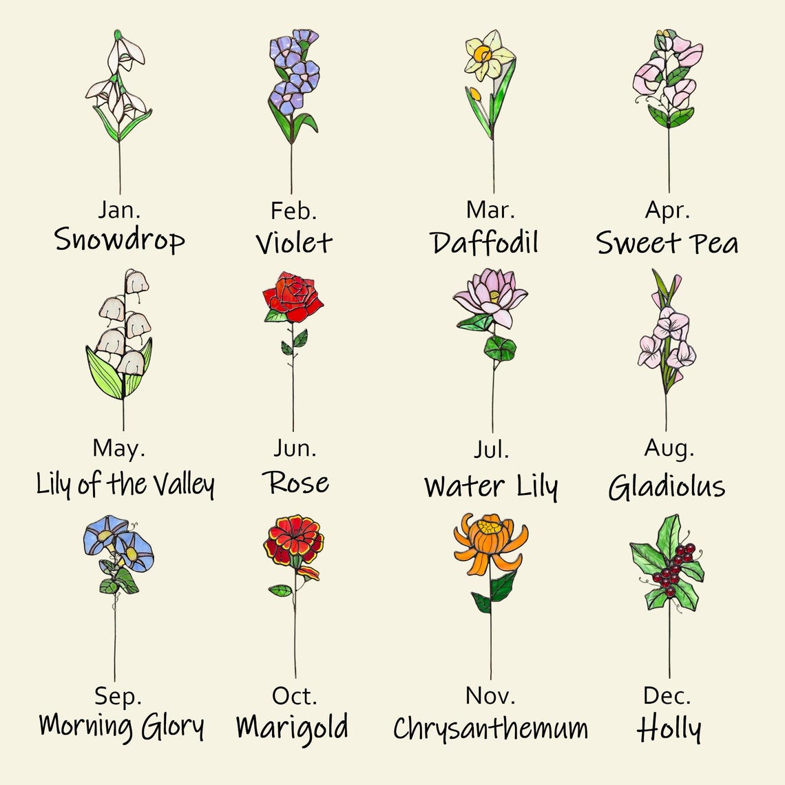 Personalized Stained Glass Birth Flower Suncatcher Unique Mother's Day Christmas Gift for Mom Grandma
