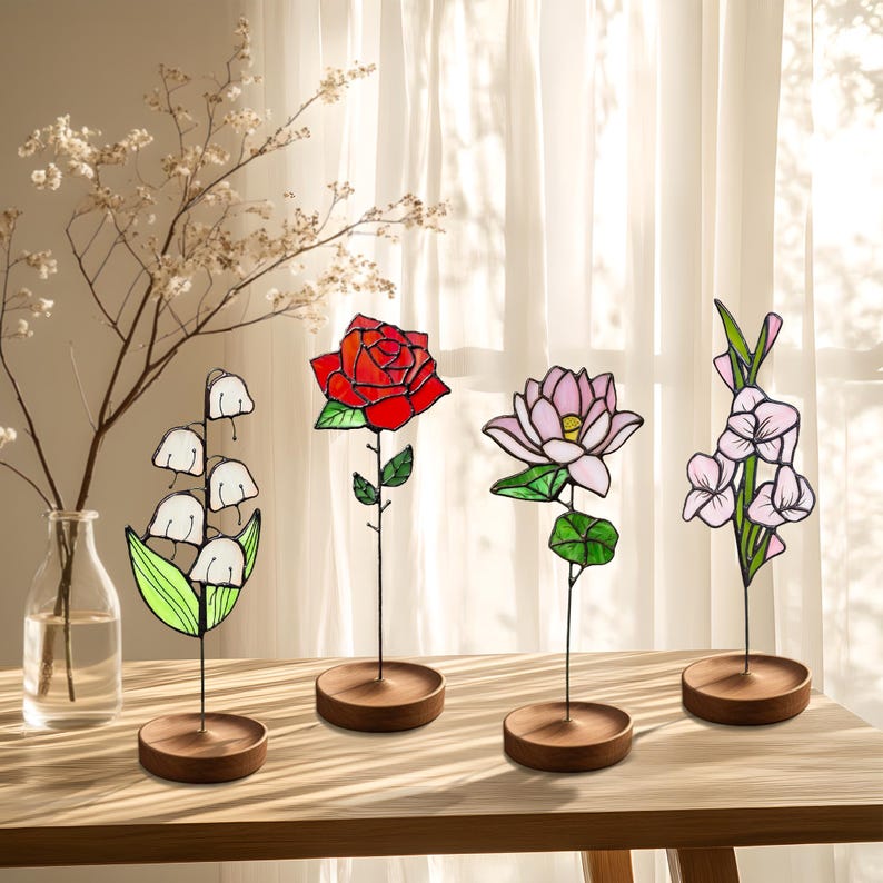 Personalized Stained Glass Birth Flower Suncatcher Unique Mother's Day Christmas Gift for Mom Grandma